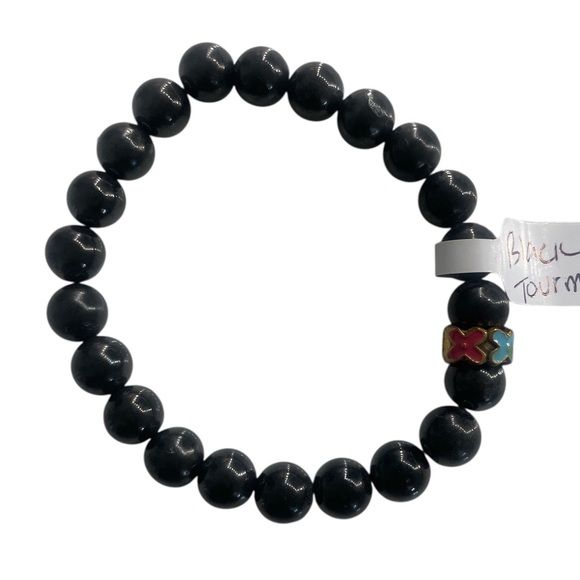 Accessories - Black Tourmaline Stretch Bracelet with Flower center